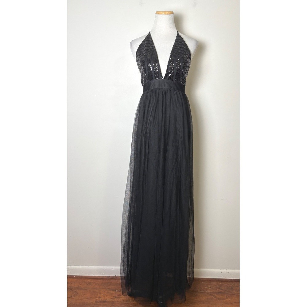 Fashion Nova Majestic Sequin Tulle Maxi Dress M Plunge Strappy Whimsigoth NEW